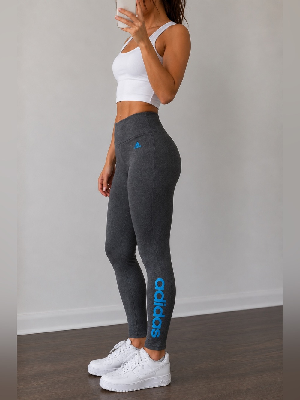 Adidas Charcoal Gray High Waisted Leggings Blue Logo L